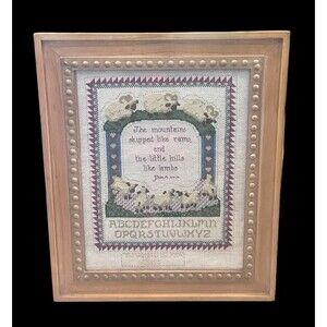 Framed Cross Stitch Alphabet Sampler Psalm Verse Sheep Patchwork Quilt Farmhouse